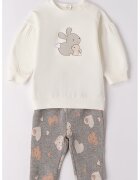 IDO Set de bluza si pantaloni cu model inimi - 2 piese - Alb fildes/Gri inchis melange/Maro deschis