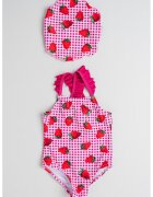 IDO Set de costum de baie intreg cu model si bandana - 2 piese - Rosu/Alb/Fucsia