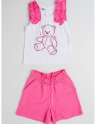 IDO Set de top cu model - aplicatii cu volane si pantaloni scurti cu model uni - 2 piese - Alb/Roz