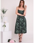 Ilona Andreoiu Rochie midi din amestec de in cu imprimeu Calista - Negru/Verde pal