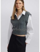 Ipekyol Pulover crop cu aplicatii din strasuri si design 2-in-1 - Alb/Gri melange