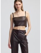 Ipekyol Top crop de piele ecologica - Maro inchis