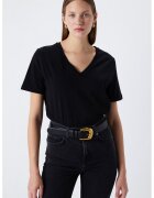 Ipekyol Tricou din bumbac cu decolteu in V - Negru