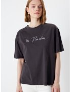Ipekyol Tricou lejer din bumbac cu imprimeu text - Gri antracit