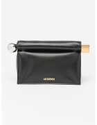JACQUEMUS Geanta din piele cu maner si detaliu cu logo metalic Pochette Rond Carre - Negru
