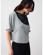JIMMY KEY Bluza cu insertie din dantela - Negru/Gri deschis melange