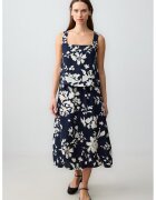 JIMMY KEY Fusta midi din amestec de in cu croiala in A si imprimeu floral - Alb fildes/Negru