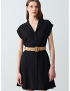 JIMMY KEY Rochie din amestec de in cu croiala in A si curea in talie - Negru/Negru stins