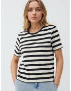 JIMMY KEY Tricou cu dungi si decolteu la baza gatului - Negru/Alb murdar