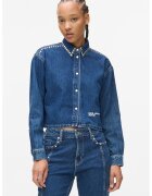 Karl Lagerfeld Jeans Jacheta crop din denim cu aplicatii cu nituri - Albastru petrol
