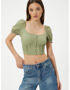 KOTON Bluza crop cu detalii cu fronseu - Kaki