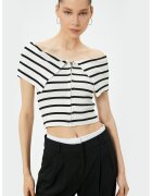 KOTON Bluza crop cu dungi si decolteu pe umeri - Alb/Negru