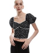 KOTON Bluza crop cu maneci bufante - Alb/Negru