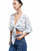 KOTON Bluza crop cu snur frontal - Alb/Albastru deschis