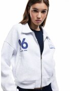KOTON Bluza crop de trening cu fermoar si imprimeu pe spate - Albastru inchis/Gri deschis melange
