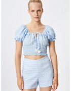 KOTON Bluza crop in carouri - Alb/Albastru pastel