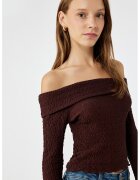 KOTON Bluza texturata crop cu decolteu pe umeri - Maro inchis