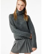 KOTON Pulover cu maneci raglan si guler inalt - Gri melange