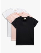 KOTON Set de tricouri din amestec de bumbac cu model uni - 2 piese - Alb/Negru/Roz pal