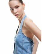 KOTON Top crop din denim cu nasturi - Albastru melange