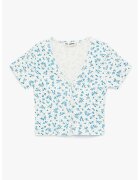 KOTON Tricou crop cu decolteu in V - Alb optic/Albastru