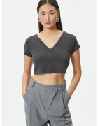 KOTON Tricou crop cu decolteu in V - Gri inchis melange