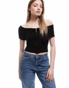 KOTON Tricou crop cu decolteu pe umeri - Negru