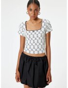 KOTON Tricou crop cu imprimeu cu fructe si decolteu patrat - Alb/Gri carbune