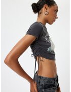 KOTON Tricou crop cu imprimeu si snururi laterale - Alb/Gri antracit