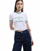 KOTON Tricou crop cu imprimeu text - Alb optic/Verde aquamarin