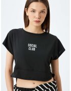 KOTON Tricou crop cu imprimeu text - Negru