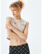 KOTON Tricou crop cu imprimeu text - Negru/Maro nisip