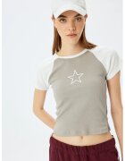 KOTON Tricou crop cu maneci raglan - Maro taupe/Alb murdar