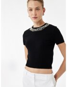 KOTON Tricou crop din tricot cu decolteu decorativ - Negru/Argintiu