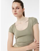 KOTON Tricou crop striat cu decolteu adanc - Verde sparanghel