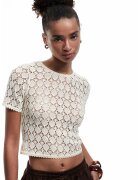 KOTON Tricou crop tricotat cu perforatii - Crem