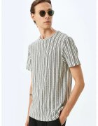 KOTON Tricou cu decolteu la baza gatului si dungi - Gri deschis/Crem
