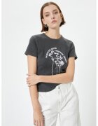 KOTON Tricou cu decolteu la baza gatului si imprimeu - Gri antracit
