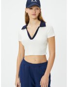 KOTON Tricou polo crop - Alb/Bleumarin