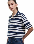 KOTON Tricou polo crop cu dungi - Alb/Bleumarin