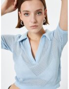 KOTON Tricou polo crop de plasa - Albastru deschis