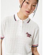 KOTON Tricou polo crop din material pointelle - Rosu/Alb
