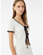 KOTON Tricou striat cu decupaj si funde - Negru/Alb murdar