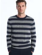 LC WAIKIKI Pulover cu decolteu rotund si model in dungi - Alb/Bleumarin
