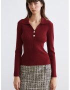 LC WAIKIKI Pulover striat cu croiala slim-fit si decolteu in V - Rosu inchis