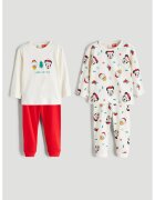 LC WAIKIKI Set de pijamale de bumbac cu model de Craciun - 4 piese - Alb/Rosu vermillion