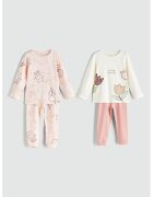 LC WAIKIKI Set de pijamale lungi cu imprimeu - 4 piese - Roz deschis/Alb murdar