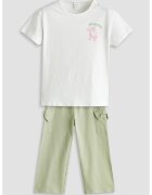 LC WAIKIKI Set de tricou si pantaloni din bumbac - 2 piese - Alb/Roz/Verde sparanghel