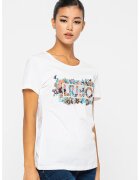 Liu Jo Tricou cu imprimeu floral si logo si aplicatii cu strasuri - Alb/Albastru/Argintiu