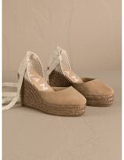 Manebi Sandale wedge de piele cu bareta infasurabila - Alb fildes/Maro taupe deschis